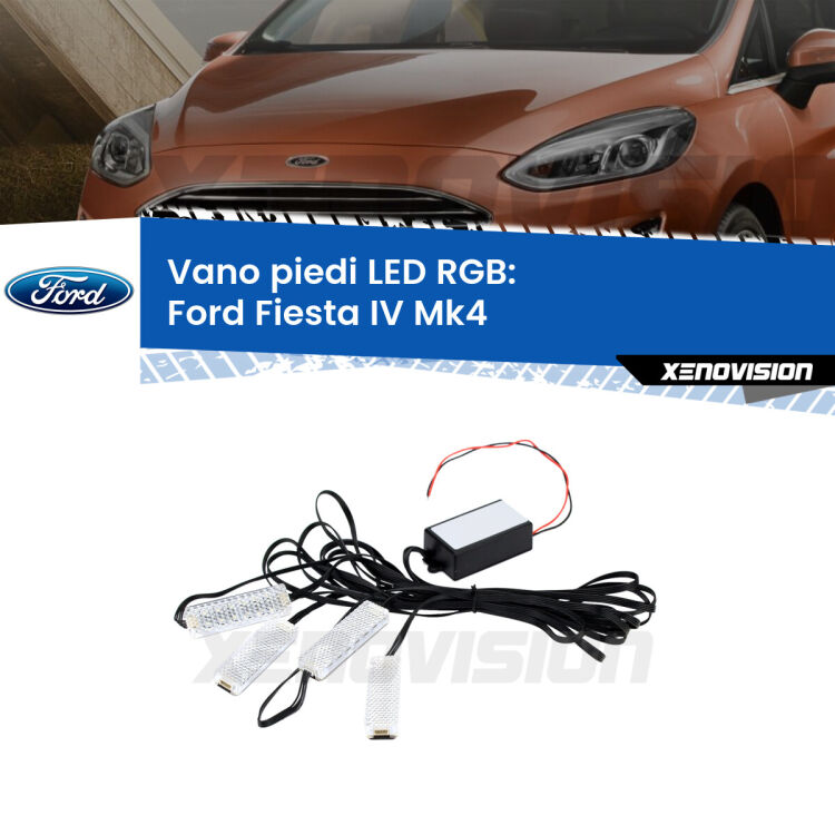 <strong>Kit placche LED cambiacolore vano piedi Ford Fiesta IV</strong> Mk4 1995 - 2002. 4 placche <strong>Bluetooth</strong> con app Android /iOS.