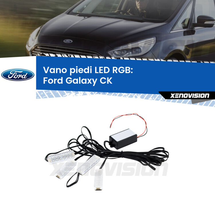 <strong>Kit placche LED cambiacolore vano piedi Ford Galaxy</strong> CK 2015 - 2018. 4 placche <strong>Bluetooth</strong> con app Android /iOS.