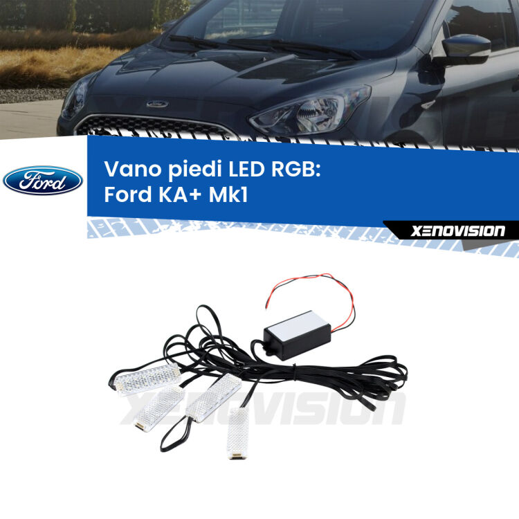 <strong>Kit placche LED cambiacolore vano piedi Ford KA+</strong> Mk1 1996 - 2008. 4 placche <strong>Bluetooth</strong> con app Android /iOS.