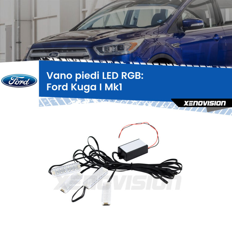 <strong>Kit placche LED cambiacolore vano piedi Ford Kuga I</strong> Mk1 2008 - 2012. 4 placche <strong>Bluetooth</strong> con app Android /iOS.