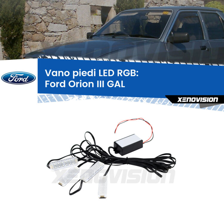 <strong>Kit placche LED cambiacolore vano piedi Ford Orion III</strong> GAL 1990 - 1993. 4 placche <strong>Bluetooth</strong> con app Android /iOS.