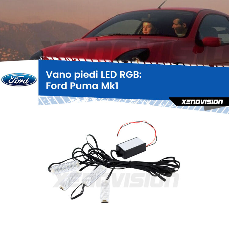 <strong>Kit placche LED cambiacolore vano piedi Ford Puma</strong> Mk1 1997 - 2002. 4 placche <strong>Bluetooth</strong> con app Android /iOS.