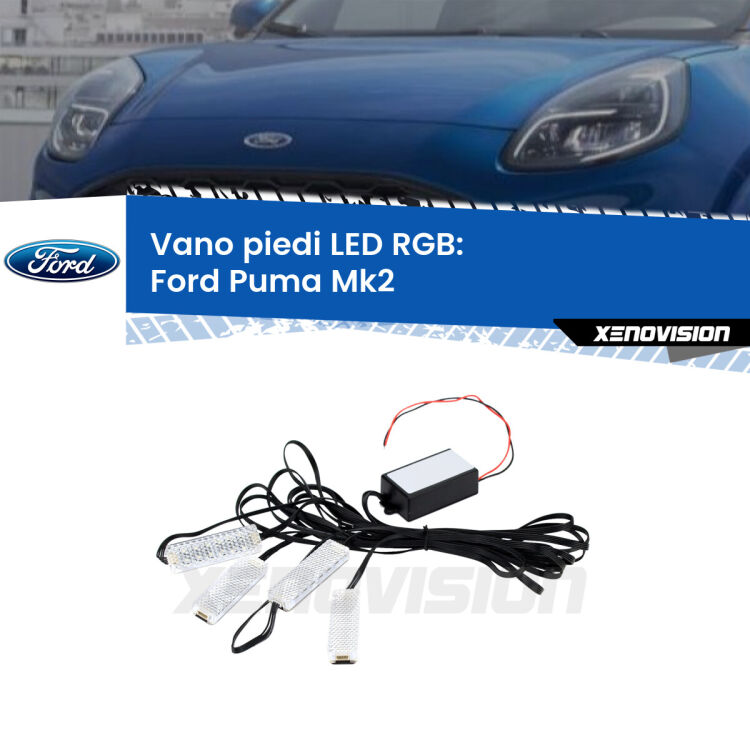 <strong>Kit placche LED cambiacolore vano piedi Ford Puma</strong> Mk2 2019 in poi. 4 placche <strong>Bluetooth</strong> con app Android /iOS.