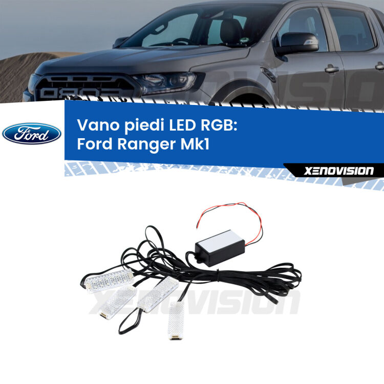 <strong>Kit placche LED cambiacolore vano piedi Ford Ranger</strong> Mk1 2005 - 2006. 4 placche <strong>Bluetooth</strong> con app Android /iOS.