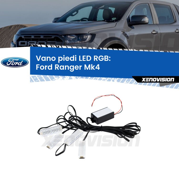 <strong>Kit placche LED cambiacolore vano piedi Ford Ranger</strong> Mk4 2011 in poi. 4 placche <strong>Bluetooth</strong> con app Android /iOS.