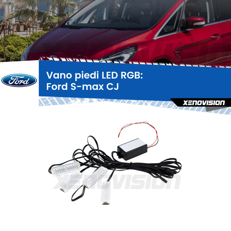 <strong>Kit placche LED cambiacolore vano piedi Ford S-max</strong> CJ 2015 - 2018. 4 placche <strong>Bluetooth</strong> con app Android /iOS.