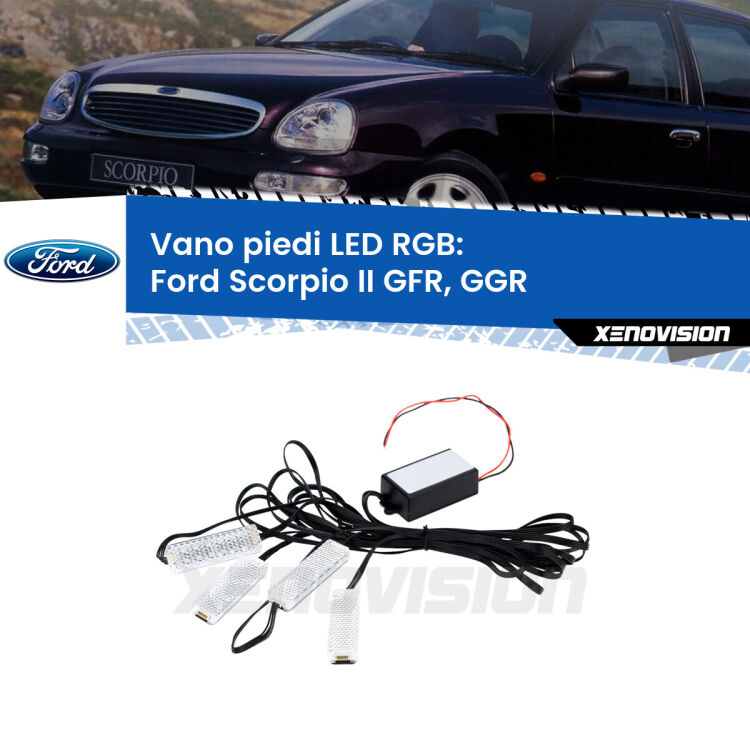 <strong>Kit placche LED cambiacolore vano piedi Ford Scorpio II</strong> GFR, GGR 1994 - 1998. 4 placche <strong>Bluetooth</strong> con app Android /iOS.