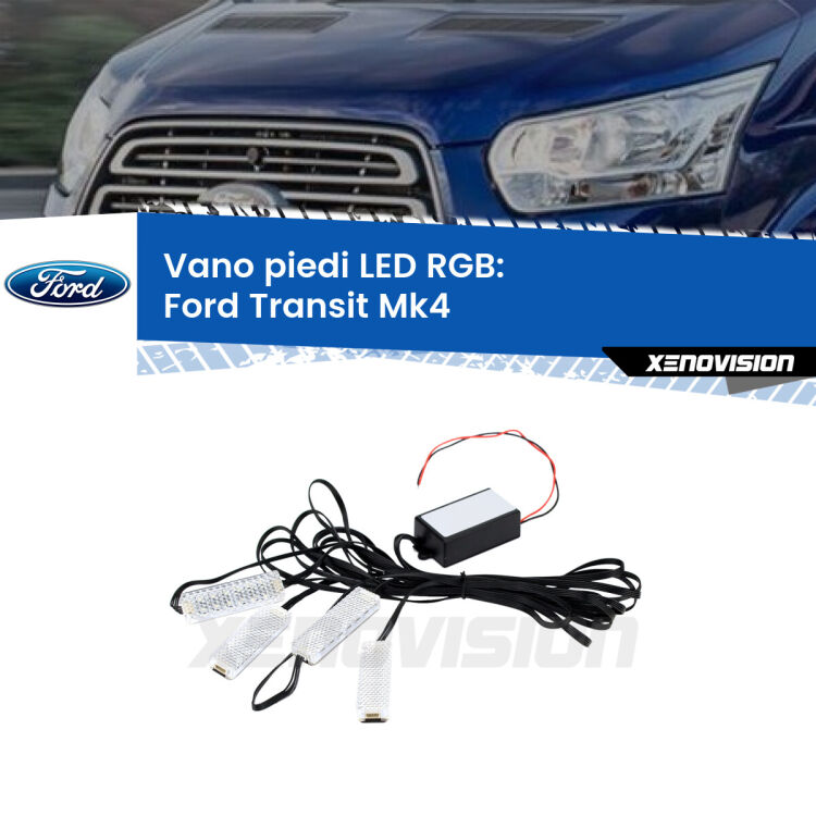 <strong>Kit placche LED cambiacolore vano piedi Ford Transit</strong> Mk4 2014 in poi. 4 placche <strong>Bluetooth</strong> con app Android /iOS.