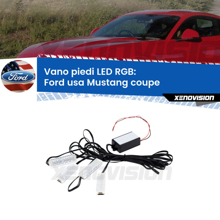 <strong>Kit placche LED cambiacolore vano piedi Ford usa Mustang coupe</strong>  2014 in poi. 4 placche <strong>Bluetooth</strong> con app Android /iOS.