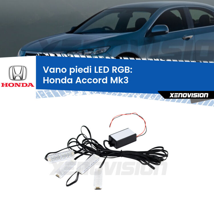 <strong>Kit placche LED cambiacolore vano piedi Honda Accord</strong> Mk3 1985 - 1989. 4 placche <strong>Bluetooth</strong> con app Android /iOS.