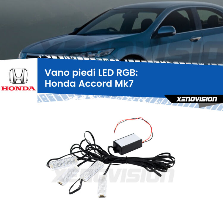 <strong>Kit placche LED cambiacolore vano piedi Honda Accord</strong> Mk7 2002 - 2007. 4 placche <strong>Bluetooth</strong> con app Android /iOS.