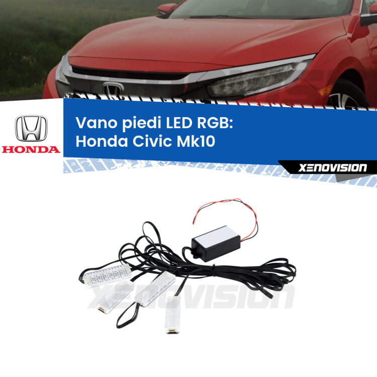 <strong>Kit placche LED cambiacolore vano piedi Honda Civic</strong> Mk10 2016 - 2020. 4 placche <strong>Bluetooth</strong> con app Android /iOS.