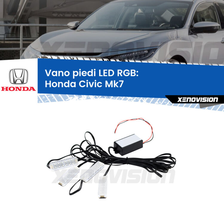 <strong>Kit placche LED cambiacolore vano piedi Honda Civic</strong> Mk7 2001 - 2005. 4 placche <strong>Bluetooth</strong> con app Android /iOS.