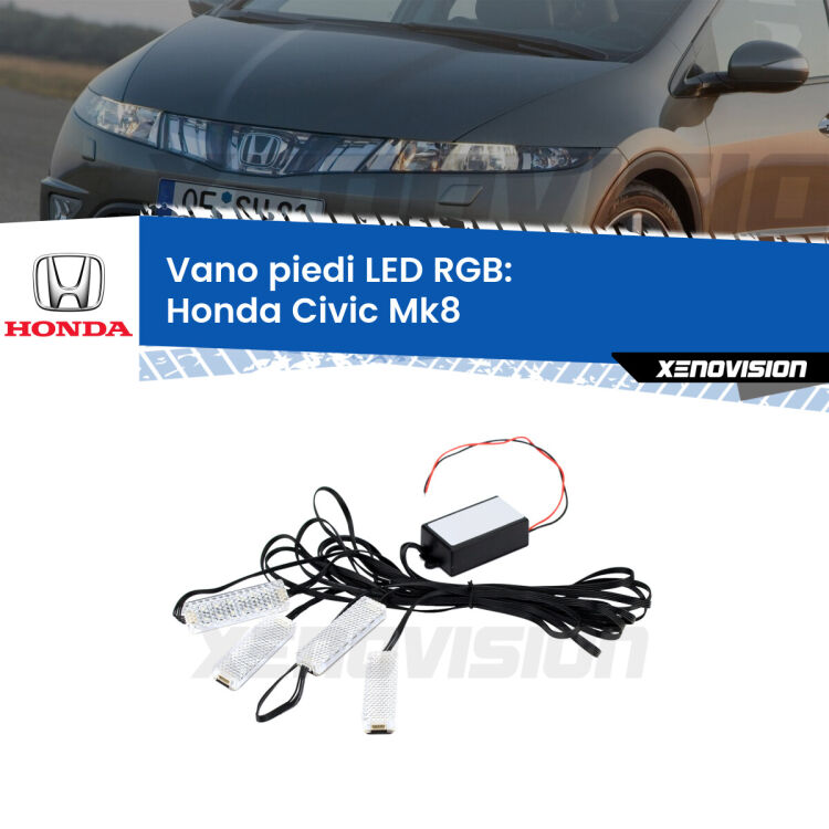 <strong>Kit placche LED cambiacolore vano piedi Honda Civic</strong> Mk8 2005 - 2010. 4 placche <strong>Bluetooth</strong> con app Android /iOS.