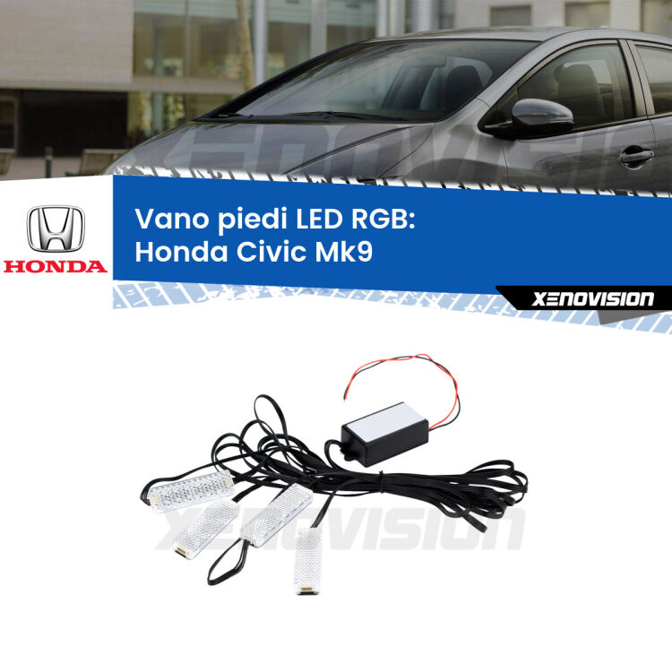 <strong>Kit placche LED cambiacolore vano piedi Honda Civic</strong> Mk9 2011 - 2015. 4 placche <strong>Bluetooth</strong> con app Android /iOS.