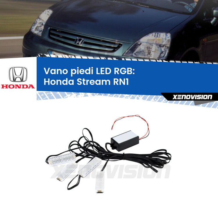 <strong>Kit placche LED cambiacolore vano piedi Honda Stream</strong> RN1 2001 - 2006. 4 placche <strong>Bluetooth</strong> con app Android /iOS.