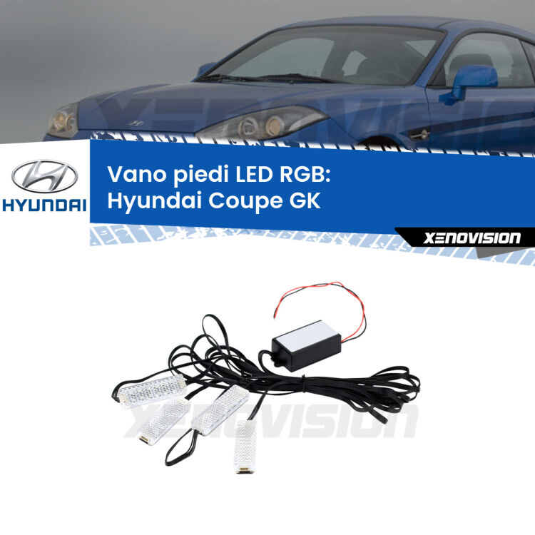 <strong>Kit placche LED cambiacolore vano piedi Hyundai Coupe</strong> GK 2002 - 2009. 4 placche <strong>Bluetooth</strong> con app Android /iOS.