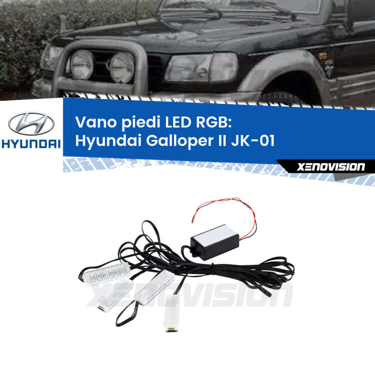 <strong>Kit placche LED cambiacolore vano piedi Hyundai Galloper II</strong> JK-01 1998 - 2003. 4 placche <strong>Bluetooth</strong> con app Android /iOS.