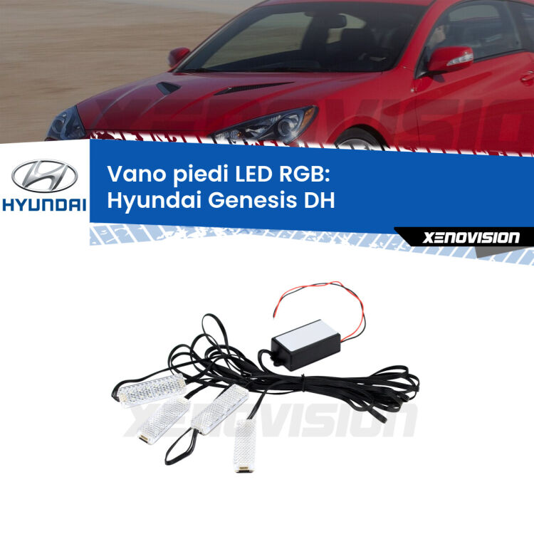 <strong>Kit placche LED cambiacolore vano piedi Hyundai Genesis</strong> DH 2014 in poi. 4 placche <strong>Bluetooth</strong> con app Android /iOS.