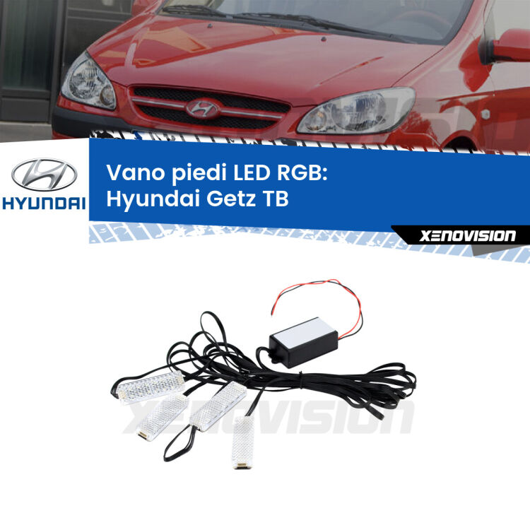 <strong>Kit placche LED cambiacolore vano piedi Hyundai Getz</strong> TB 2002 - 2009. 4 placche <strong>Bluetooth</strong> con app Android /iOS.