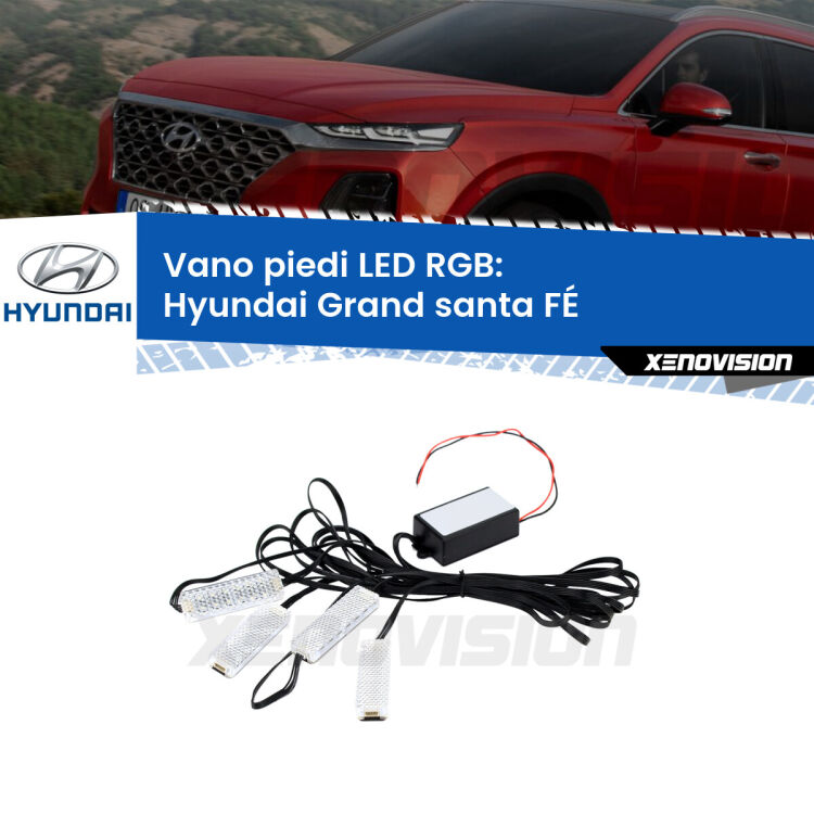 <strong>Kit placche LED cambiacolore vano piedi Hyundai Grand santa FÉ</strong>  2013 in poi. 4 placche <strong>Bluetooth</strong> con app Android /iOS.