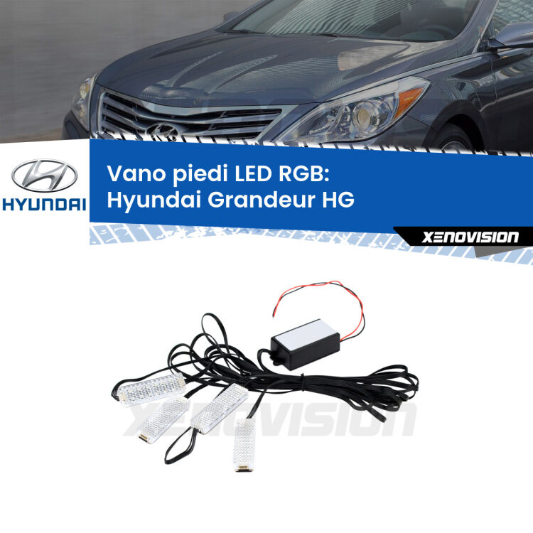 <strong>Kit placche LED cambiacolore vano piedi Hyundai Grandeur</strong> HG 2011 - 2016. 4 placche <strong>Bluetooth</strong> con app Android /iOS.