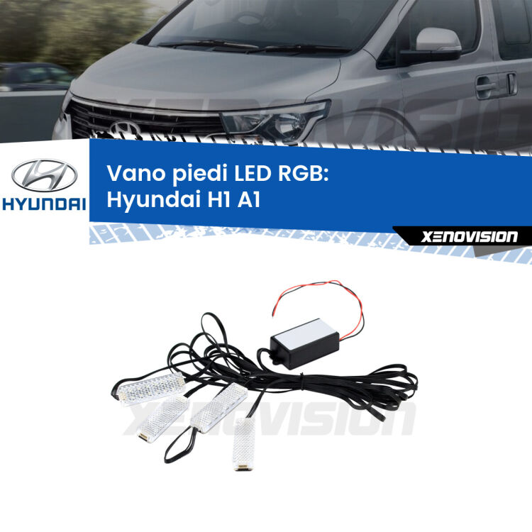 <strong>Kit placche LED cambiacolore vano piedi Hyundai H1</strong> A1 1997 - 2008. 4 placche <strong>Bluetooth</strong> con app Android /iOS.