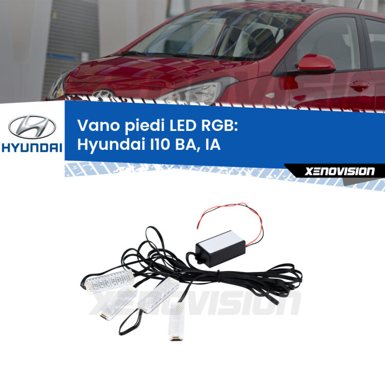 <strong>Kit placche LED cambiacolore vano piedi Hyundai I10</strong> BA, IA 2013 - 2016. 4 placche <strong>Bluetooth</strong> con app Android /iOS.