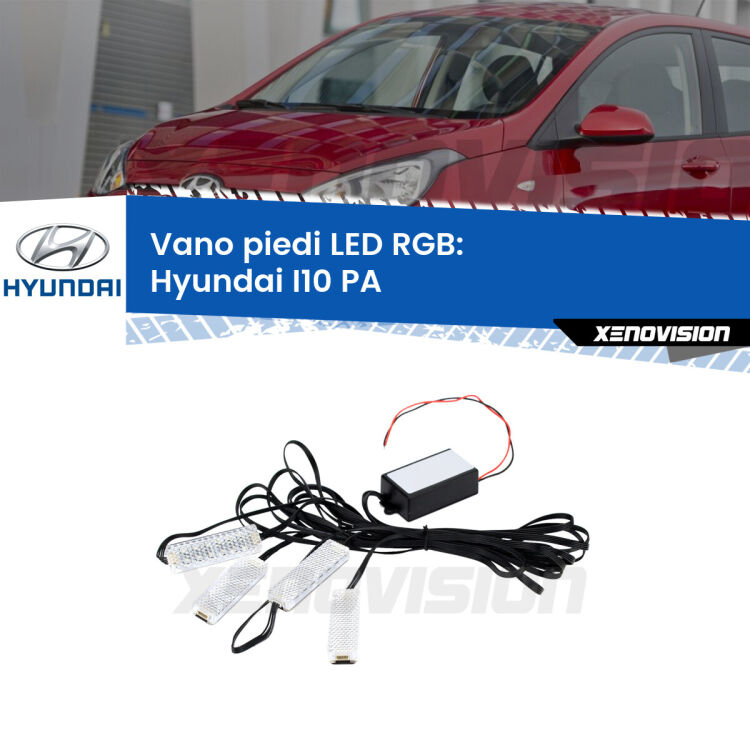 <strong>Kit placche LED cambiacolore vano piedi Hyundai I10</strong> PA 2007 - 2017. 4 placche <strong>Bluetooth</strong> con app Android /iOS.