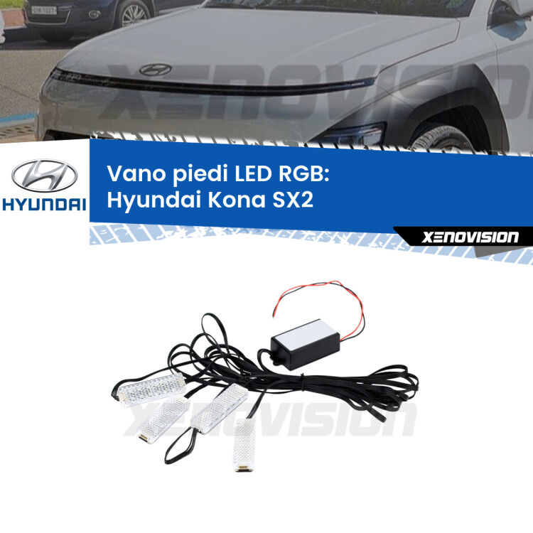 <strong>Kit placche LED cambiacolore vano piedi Hyundai Kona</strong> SX2 2023 in poi. 4 placche <strong>Bluetooth</strong> con app Android /iOS.
