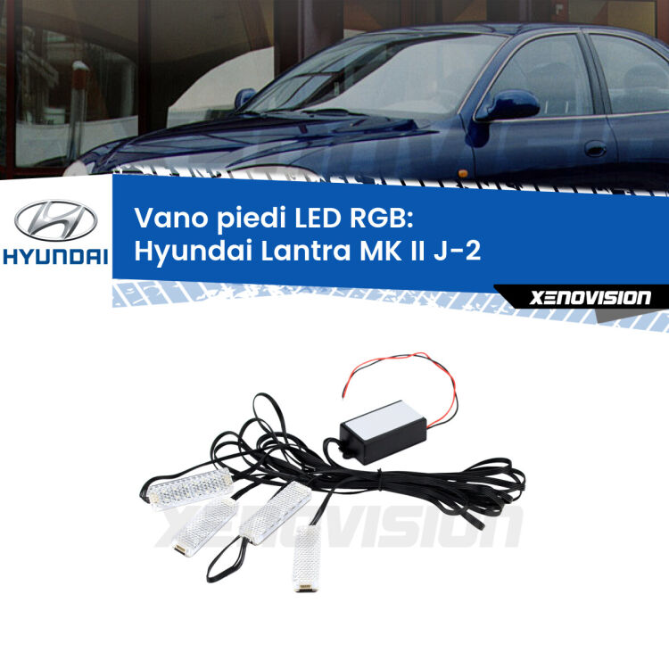 <strong>Kit placche LED cambiacolore vano piedi Hyundai Lantra MK II</strong> J-2 1995 - 2000. 4 placche <strong>Bluetooth</strong> con app Android /iOS.