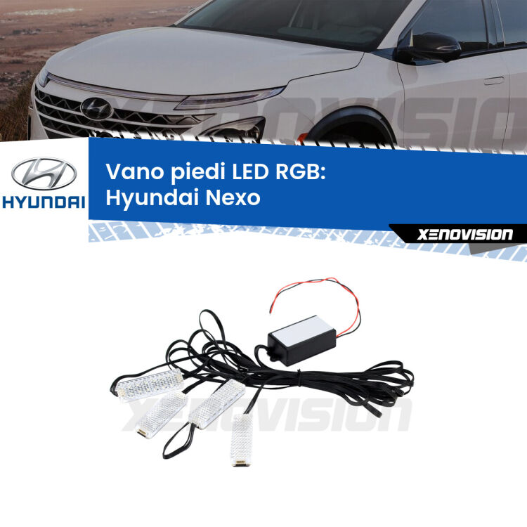 <strong>Kit placche LED cambiacolore vano piedi Hyundai Nexo</strong>  2018 in poi. 4 placche <strong>Bluetooth</strong> con app Android /iOS.
