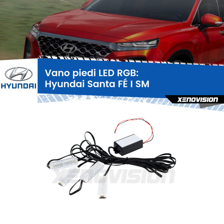 <strong>Kit placche LED cambiacolore vano piedi Hyundai Santa FÉ I</strong> SM 2001 - 2012. 4 placche <strong>Bluetooth</strong> con app Android /iOS.
