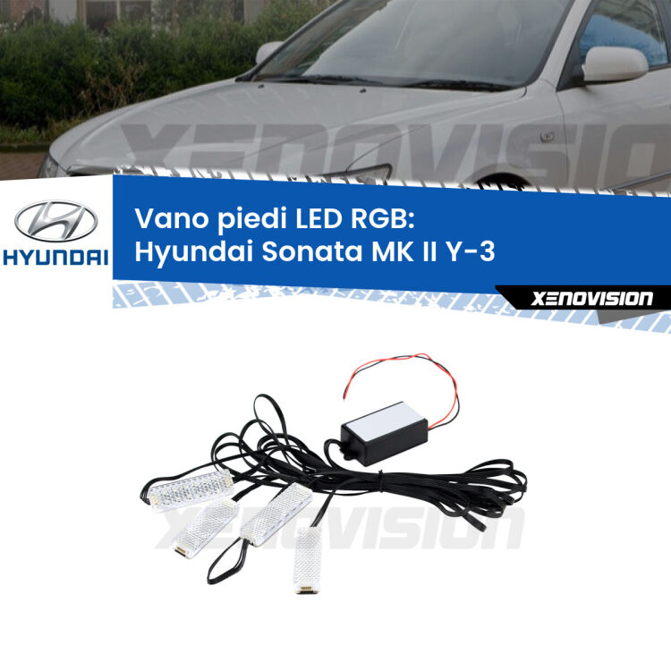 <strong>Kit placche LED cambiacolore vano piedi Hyundai Sonata MK II</strong> Y-3 1993 - 1998. 4 placche <strong>Bluetooth</strong> con app Android /iOS.