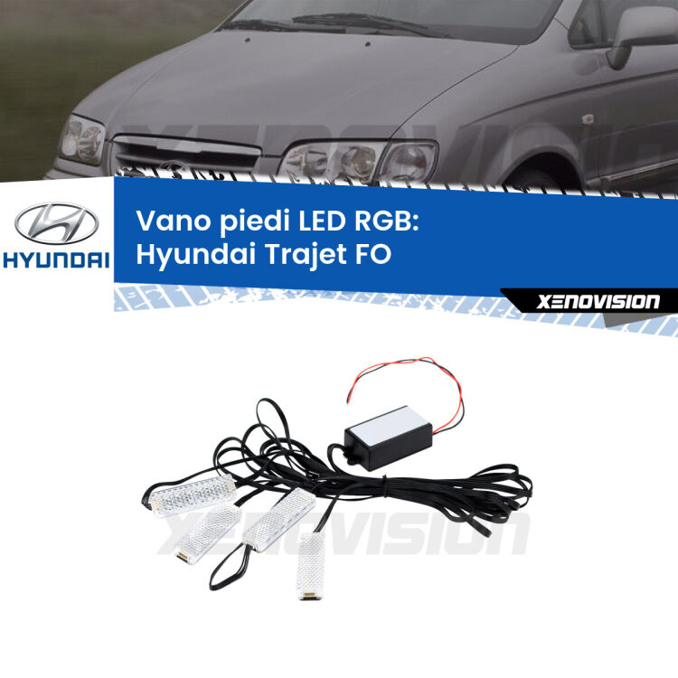 <strong>Kit placche LED cambiacolore vano piedi Hyundai Trajet</strong> FO 2000 - 2008. 4 placche <strong>Bluetooth</strong> con app Android /iOS.