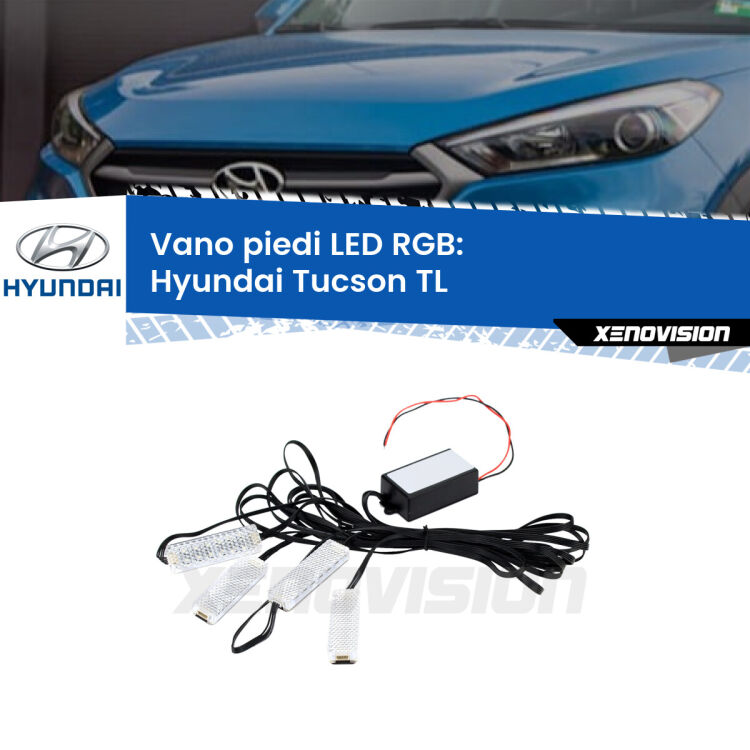 <strong>Kit placche LED cambiacolore vano piedi Hyundai Tucson</strong> TL 2015 - 2021. 4 placche <strong>Bluetooth</strong> con app Android /iOS.