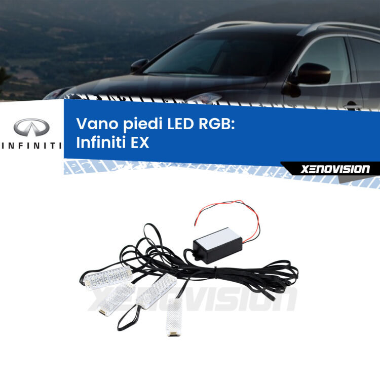 <strong>Kit placche LED cambiacolore vano piedi Infiniti EX</strong>  2008 in poi. 4 placche <strong>Bluetooth</strong> con app Android /iOS.