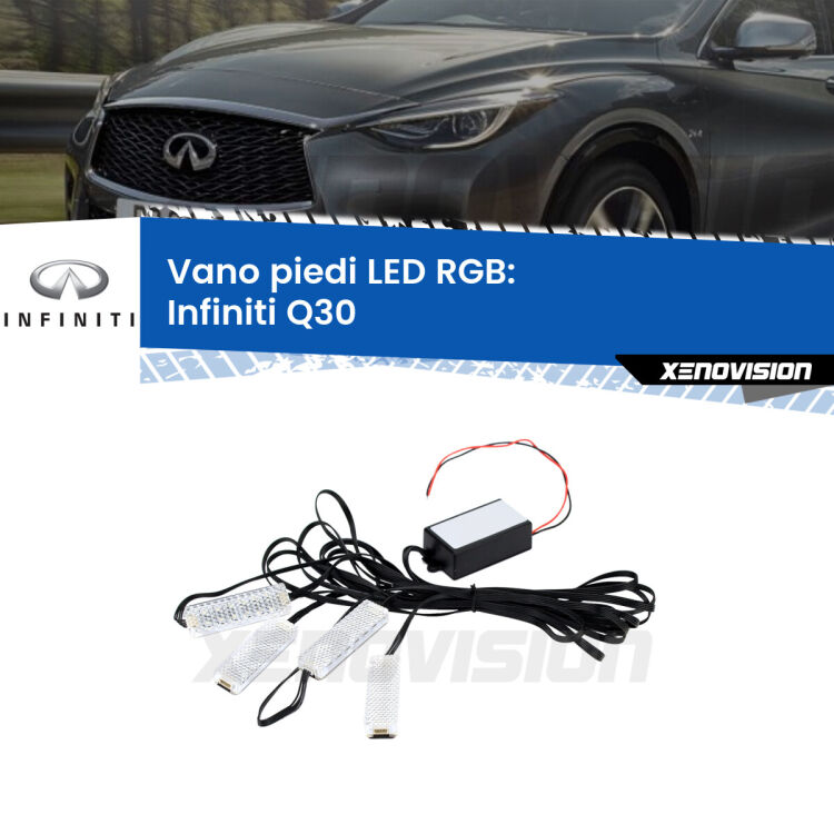<strong>Kit placche LED cambiacolore vano piedi Infiniti Q30</strong>  2015 - 2019. 4 placche <strong>Bluetooth</strong> con app Android /iOS.