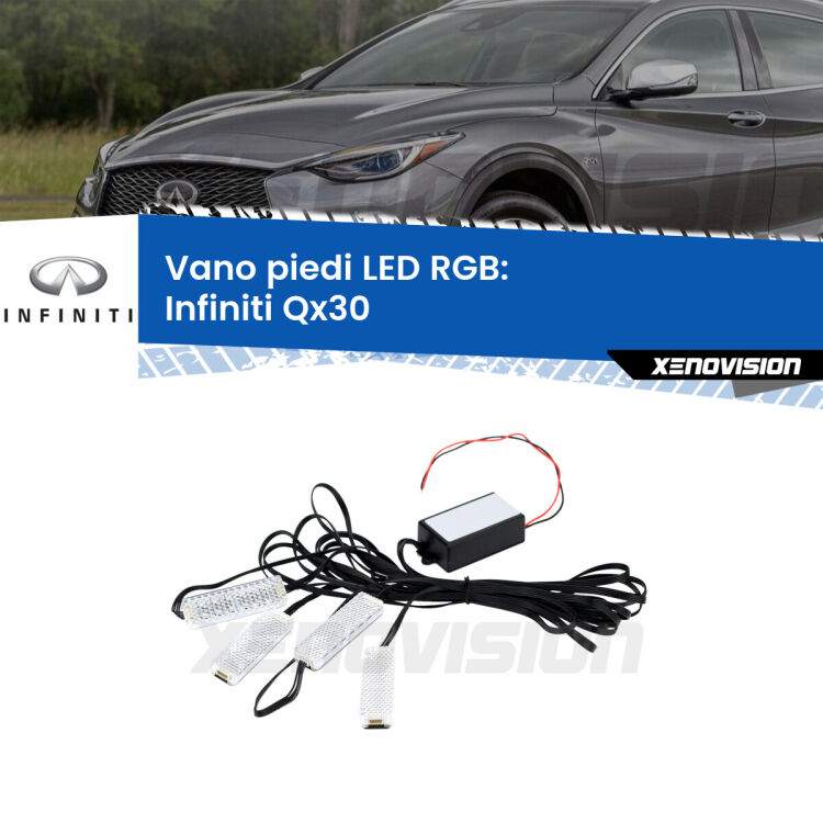 <strong>Kit placche LED cambiacolore vano piedi Infiniti Qx30</strong>  2016 - 2019. 4 placche <strong>Bluetooth</strong> con app Android /iOS.