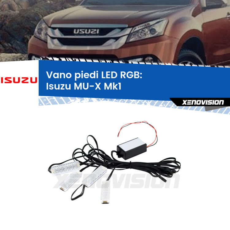 <strong>Kit placche LED cambiacolore vano piedi Isuzu MU-X</strong> Mk1 2013 - 2019. 4 placche <strong>Bluetooth</strong> con app Android /iOS.
