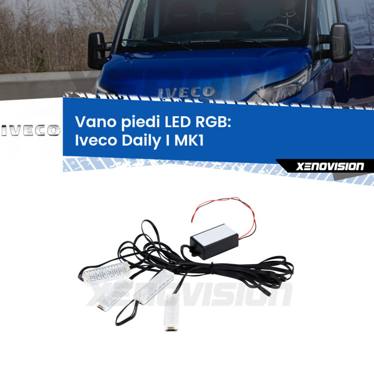<strong>Kit placche LED cambiacolore vano piedi Iveco Daily I</strong> MK1 1978 - 1999. 4 placche <strong>Bluetooth</strong> con app Android /iOS.