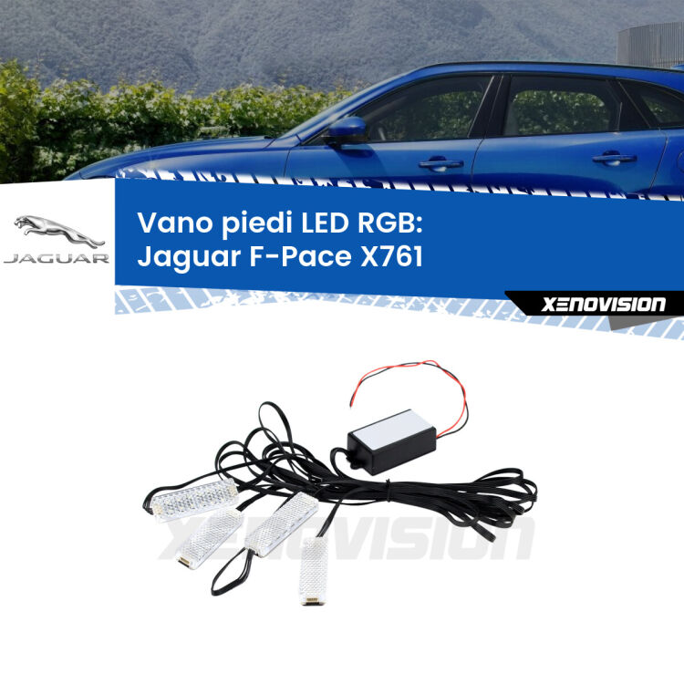 <strong>Kit placche LED cambiacolore vano piedi Jaguar F-Pace</strong> X761 2015 in poi. 4 placche <strong>Bluetooth</strong> con app Android /iOS.