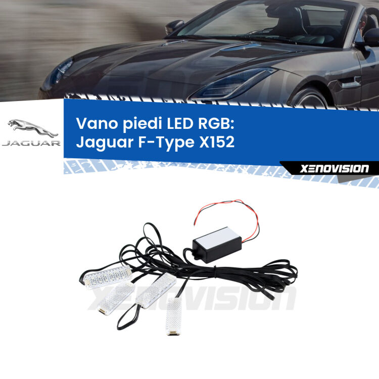 <strong>Kit placche LED cambiacolore vano piedi Jaguar F-Type</strong> X152 2013 in poi. 4 placche <strong>Bluetooth</strong> con app Android /iOS.