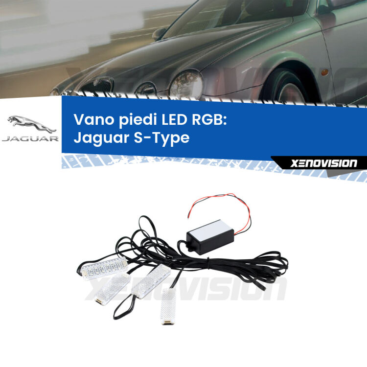 <strong>Kit placche LED cambiacolore vano piedi Jaguar S-Type</strong>  1999 - 2007. 4 placche <strong>Bluetooth</strong> con app Android /iOS.