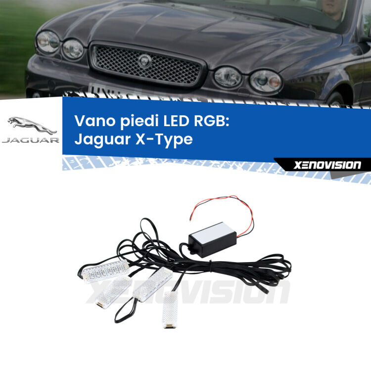 <strong>Kit placche LED cambiacolore vano piedi Jaguar X-Type</strong>  2001 - 2009. 4 placche <strong>Bluetooth</strong> con app Android /iOS.
