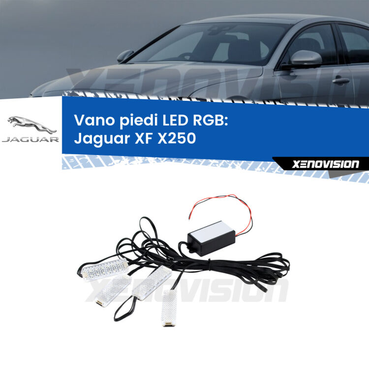 <strong>Kit placche LED cambiacolore vano piedi Jaguar XF</strong> X250 2007 - 2015. 4 placche <strong>Bluetooth</strong> con app Android /iOS.