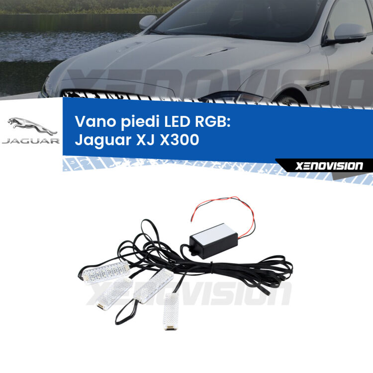 <strong>Kit placche LED cambiacolore vano piedi Jaguar XJ</strong> X300 1994 - 1997. 4 placche <strong>Bluetooth</strong> con app Android /iOS.