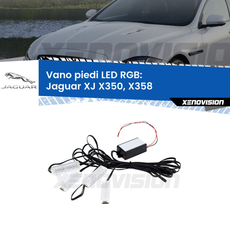 <strong>Kit placche LED cambiacolore vano piedi Jaguar XJ</strong> X350, X358 2003 - 2009. 4 placche <strong>Bluetooth</strong> con app Android /iOS.