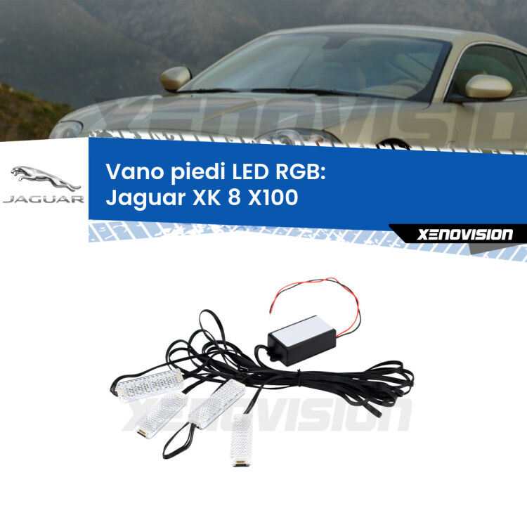 <strong>Kit placche LED cambiacolore vano piedi Jaguar XK 8</strong> X100 1996 - 2005. 4 placche <strong>Bluetooth</strong> con app Android /iOS.