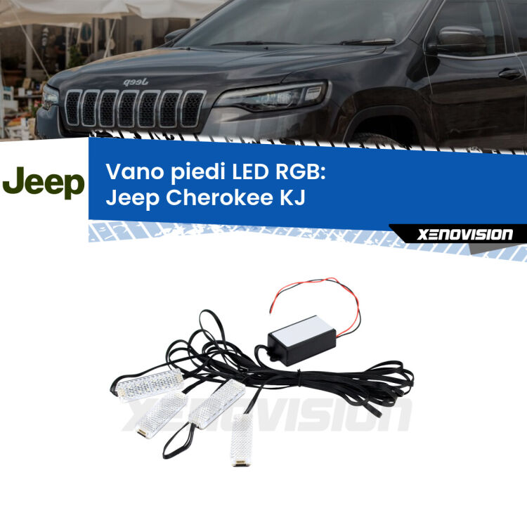 <strong>Kit placche LED cambiacolore vano piedi Jeep Cherokee</strong> KJ 2002 - 2007. 4 placche <strong>Bluetooth</strong> con app Android /iOS.